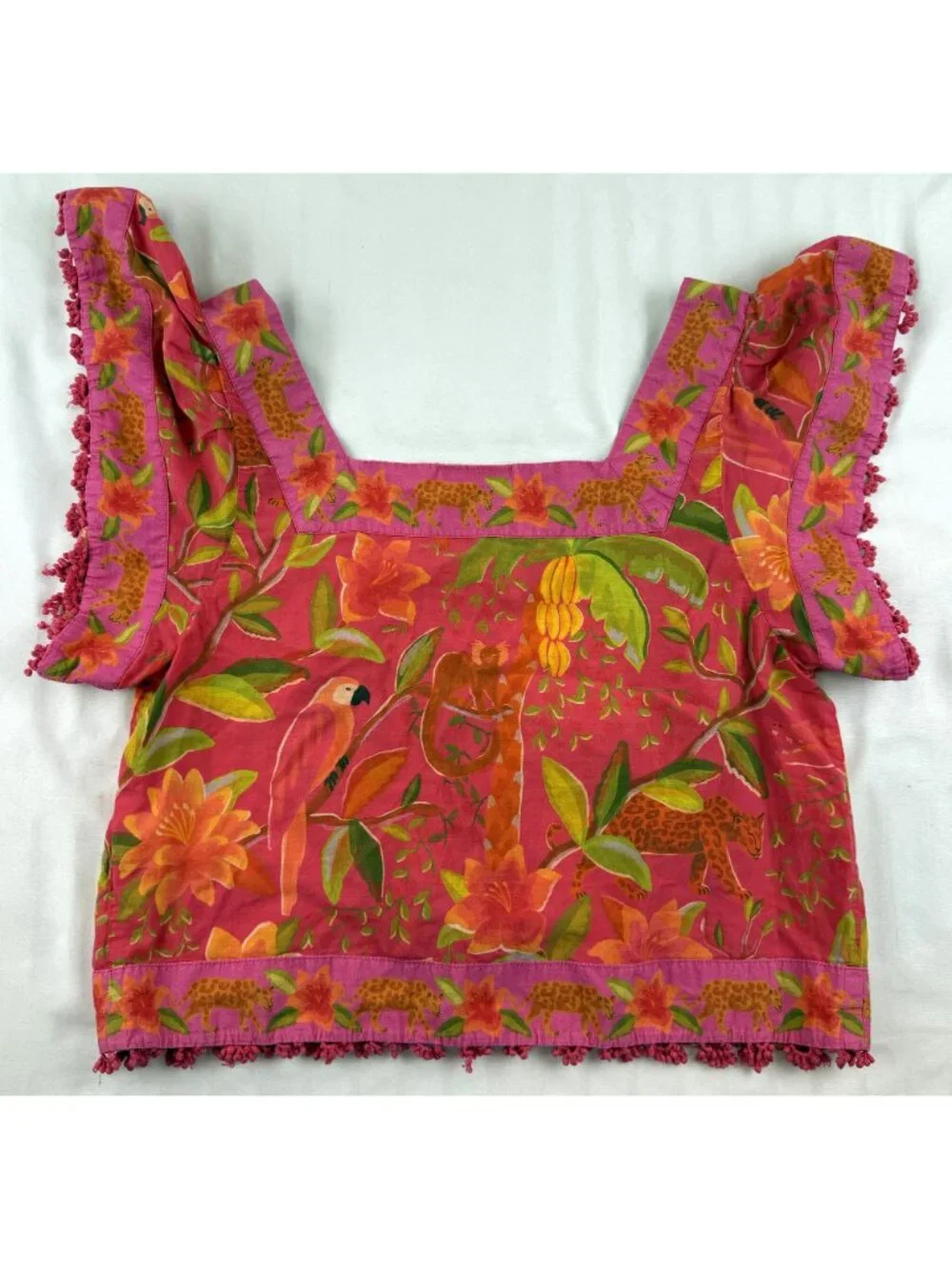 Farm Rio Tropical Print Puff Sleeve Crop Top Pink S